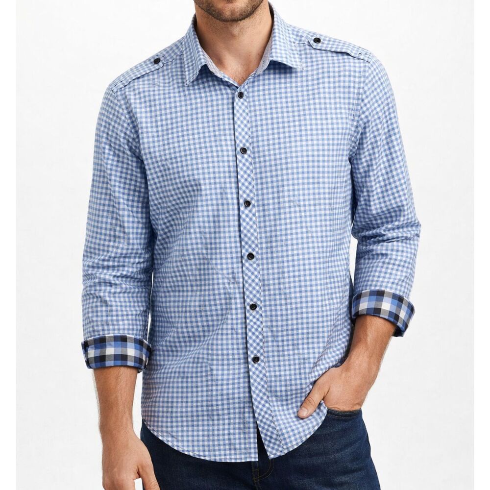 SOVEREIGN CODE Plaid Button Down Shirt Large Men's Blue White Long Sleeve Woven